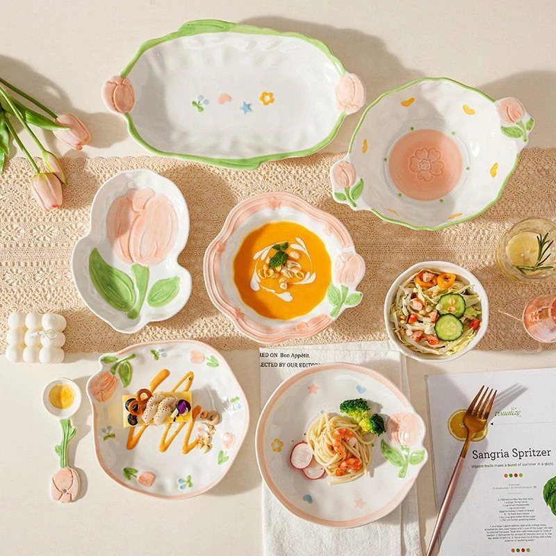 家用陶瓷浮雕碗碟盘子郁见花开小清新餐具釉下彩米饭碗沙拉甜品碗