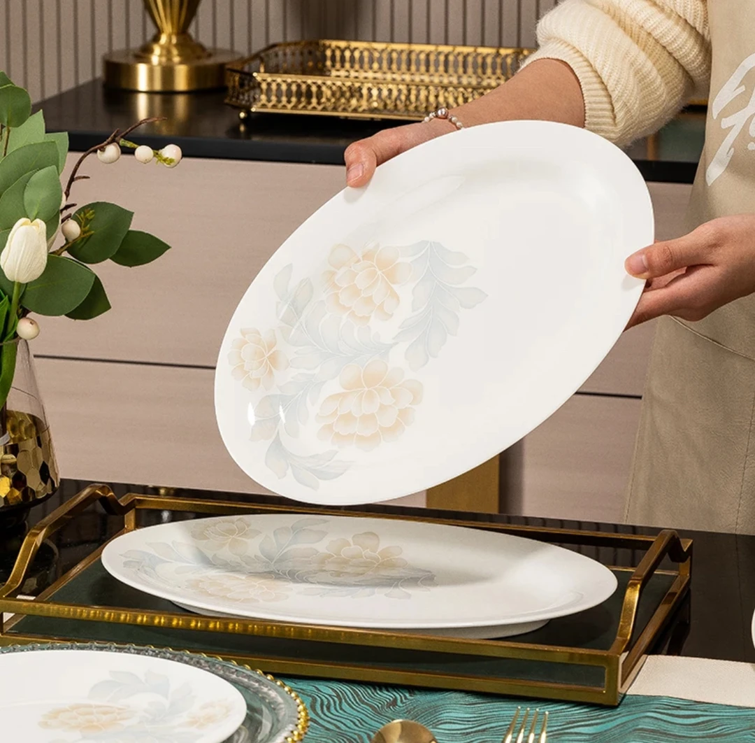 【清雅】椭圆形家用陶瓷鱼盘蒸鱼盘简约个性菜盘中式菜盘子