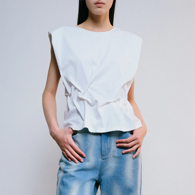 LIYIHAN2024春夏新款套头宽松百搭无袖褶皱垫肩背心上衣