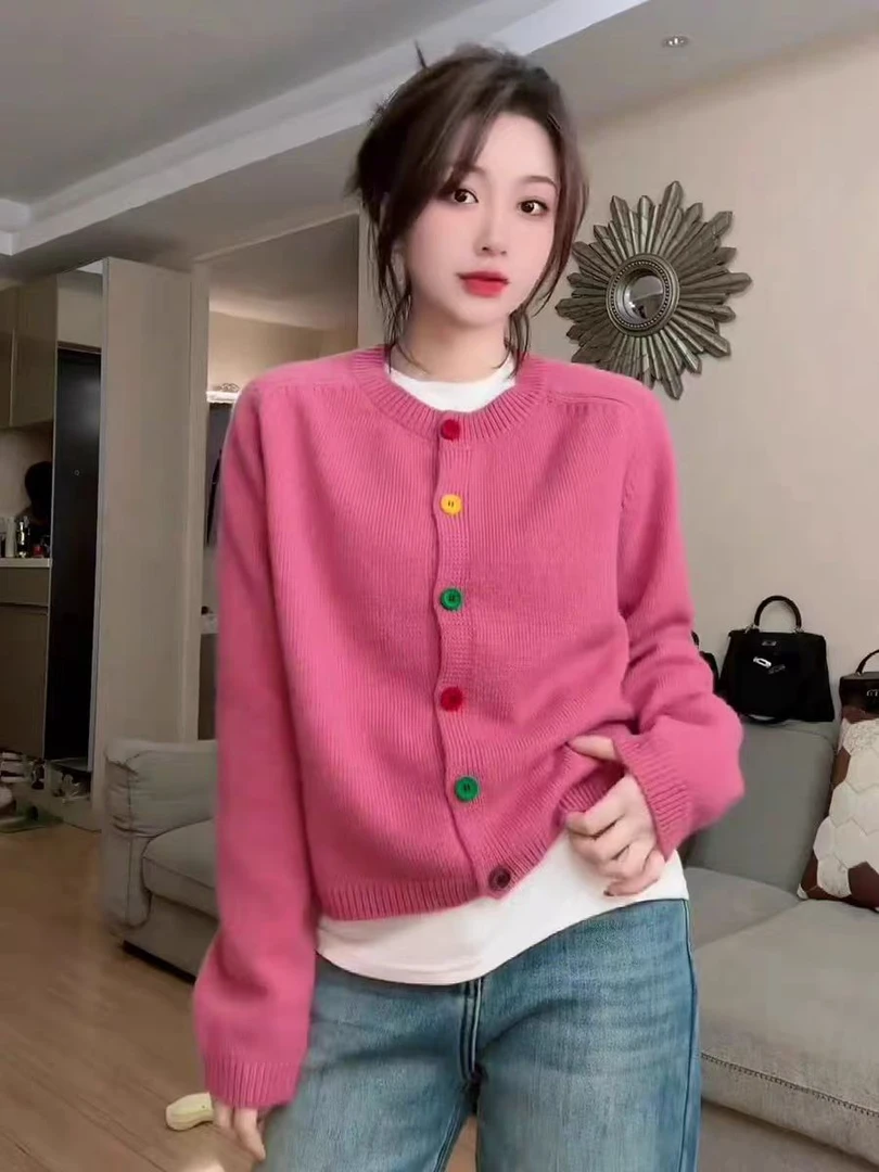 韩系减龄圆领针织开衫女秋2025新款时尚洋气宽松显瘦粉色毛衣外套