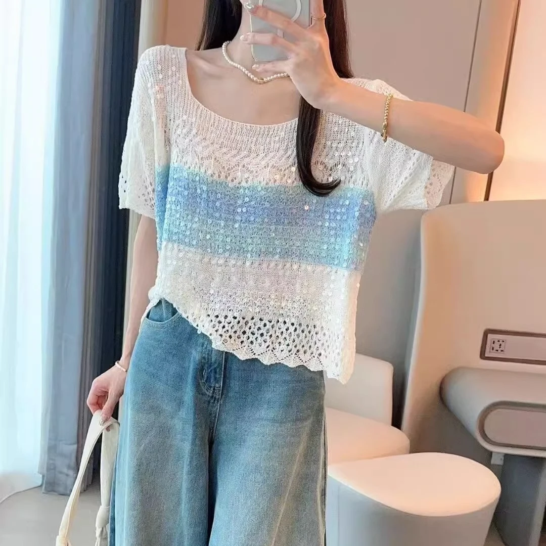 薄款短袖女夏季新款甜美时尚百搭蕾丝设计感珠片圆领针织套头小众