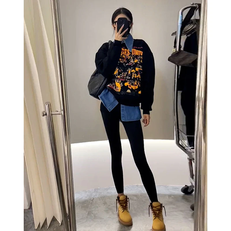 黑色气质牛仔假两件卫衣女美式宽松时尚潮牌中长款上衣网红女士