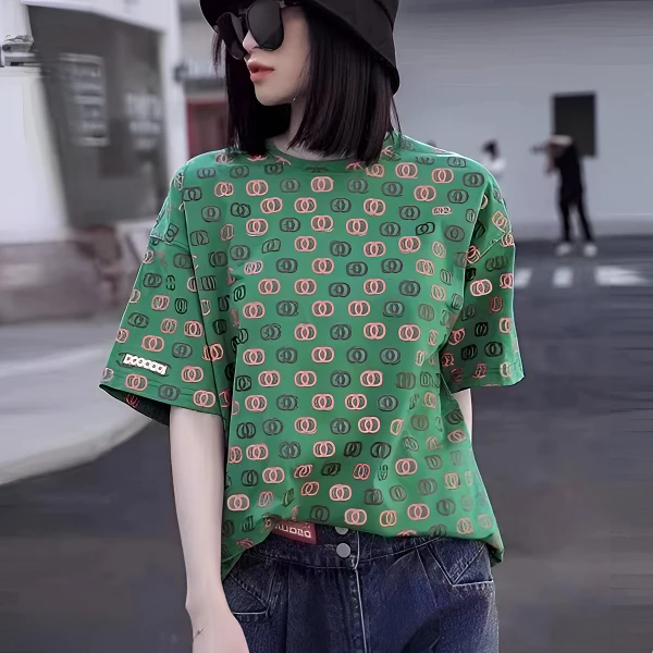 新款绿色短袖ins欧洲站宽松百搭休闲圆领气质时尚显瘦上衣女夏季
