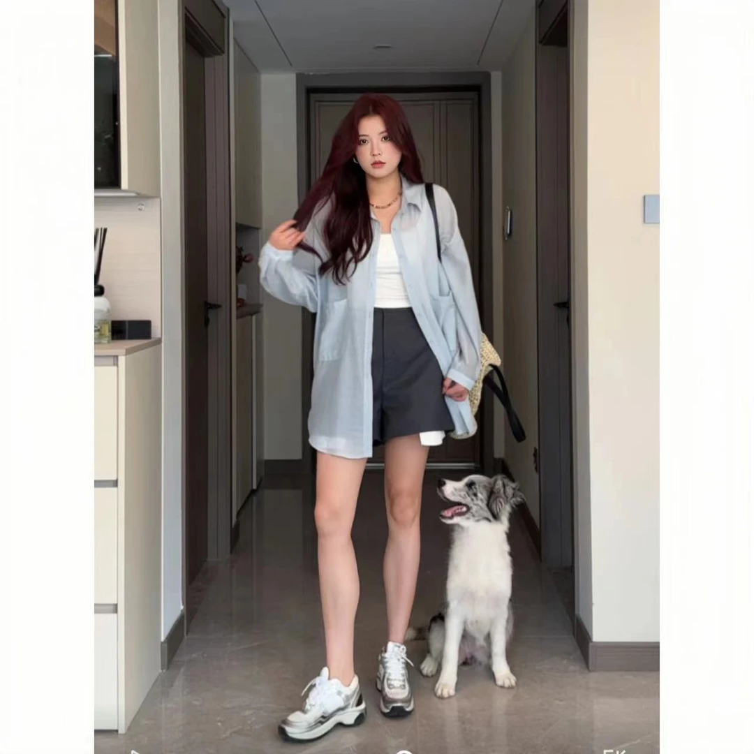 Xiaix【碧波海盐】胖mm夏季设计师款休闲一排口防晒衬衫WT0415夏夏