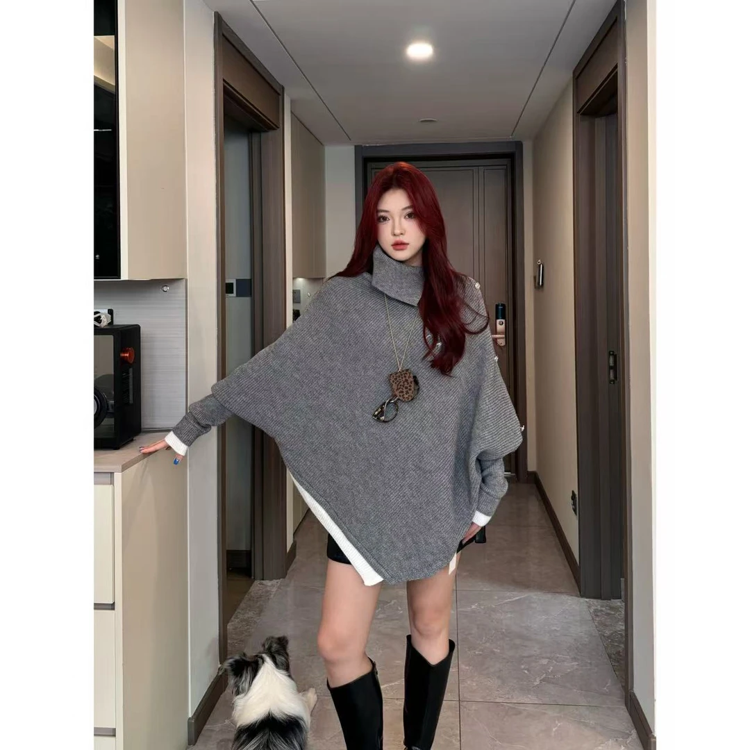 Xiaix【秋日终章】高级感慵懒风高领灰色蝙蝠袖斗篷垂感毛衣MS1115