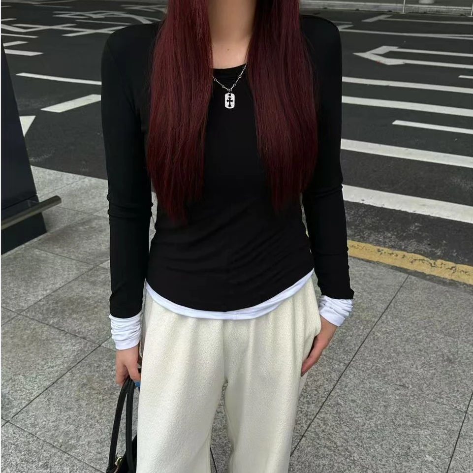Xiaix【黑白随笔】叠穿显瘦修身假两件长袖T恤TX1009夏夏