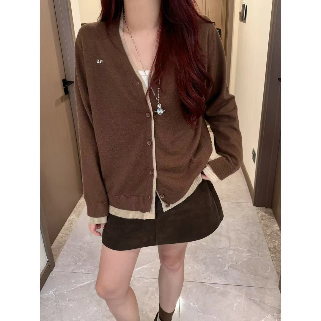 Xiaix【挪威森林】撞色V领假两件针织开衫毛衣百搭慵懒MS1023夏夏