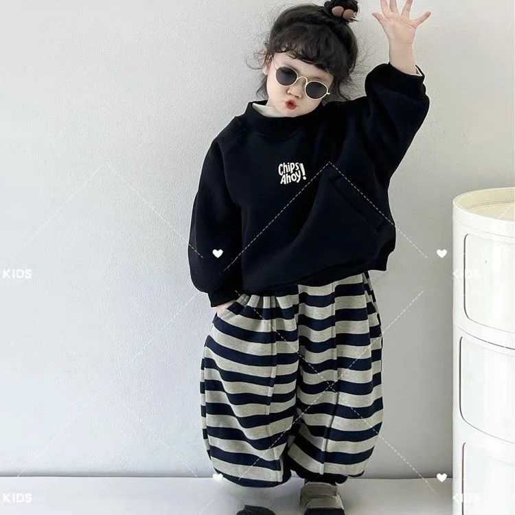 2023儿童加绒加厚套装秋冬新款韩版时尚男女童卫衣卫裤条纹两件套