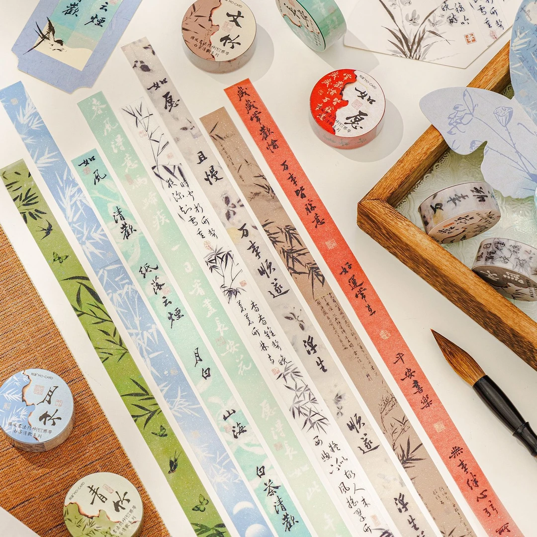 陌墨闪砂PET胶带 白茶清欢系列 国风书法文字插画手帐diy打底拼贴