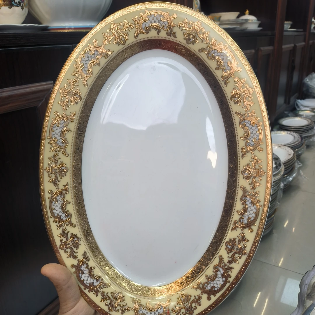 新粉福利24K浮雕金骨瓷餐具（10英寸；12英寸；14英寸；16英寸）鱼盘