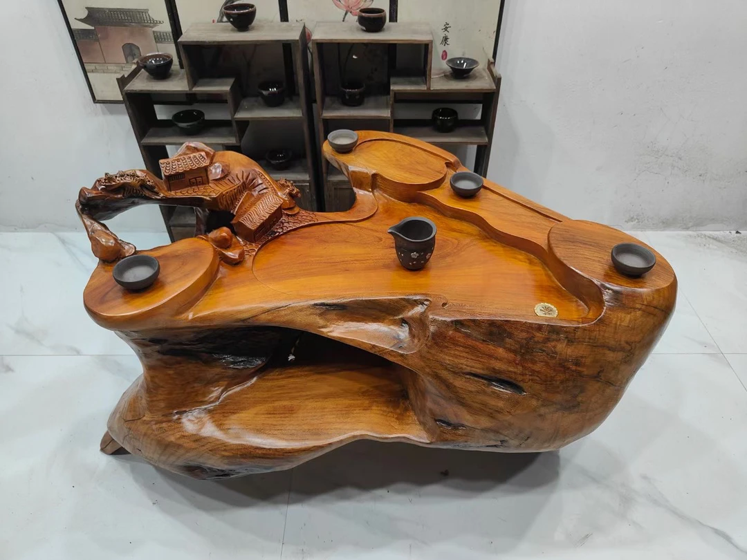 D2601香樟木整体根雕茶台，山野人家，106-68-60厘米