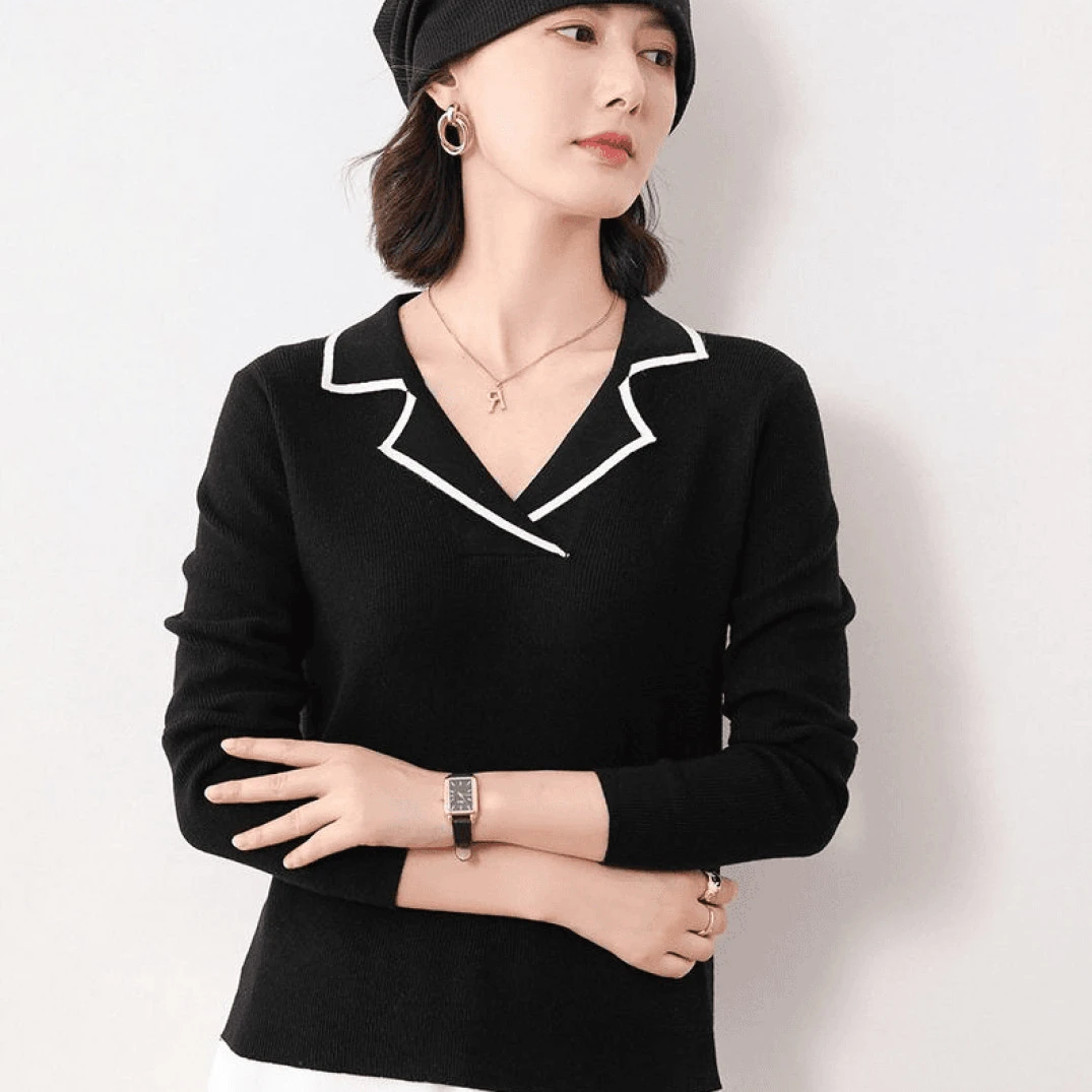 西装领毛衣针织衫羊毛女宽松长袖法式别致上衣外穿长袖打底D9076