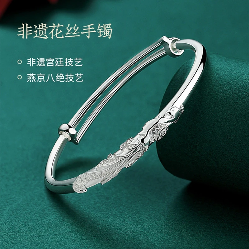 足银手镯 923   9999足银推拉凤凰新款可调节光面正品镯手工简约
