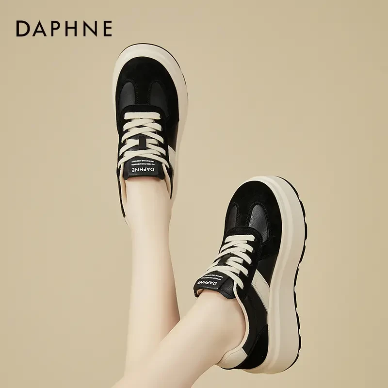 达芙妮真皮厚底德训鞋8CM内增高女鞋2024新款休闲鞋百搭松糕板鞋