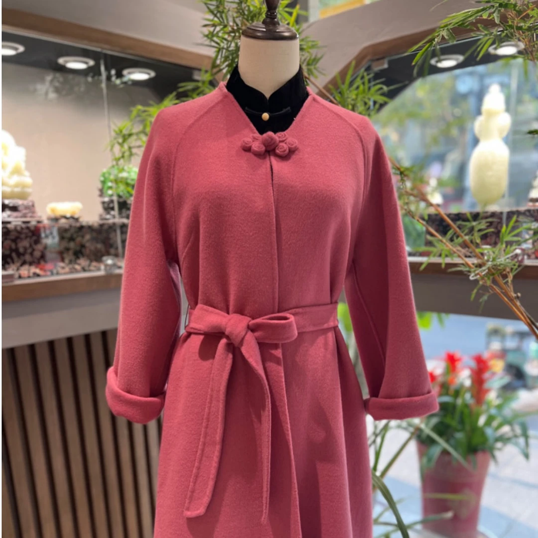 戚薇原创【桃之夭夭】长118新款绵羊毛大衣双面中式气质设计师款