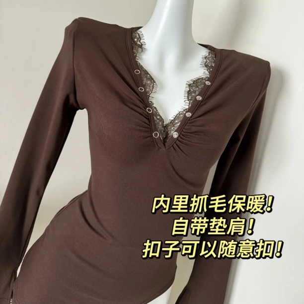 加薄绒抓毛打底！蕾丝性感长袖T恤御姐设计感带垫肩保暖上衣百搭