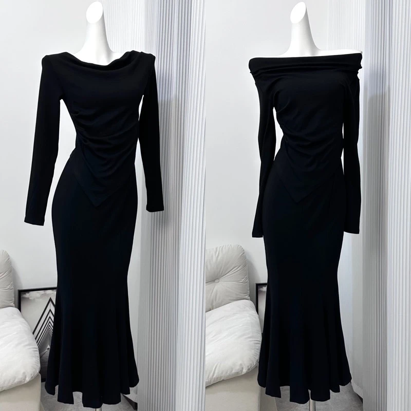 《生莲》一字肩上衣+包臀鱼尾半身裙气质秋冬两件套高级套装