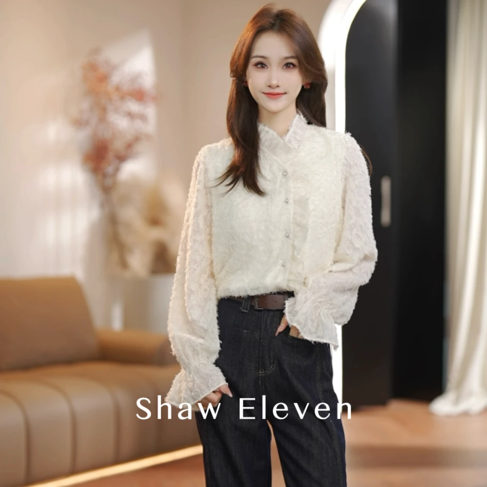 小羽毛【Shaw Eleven】2024气质时尚长袖蕾丝衬衫单上衣百搭