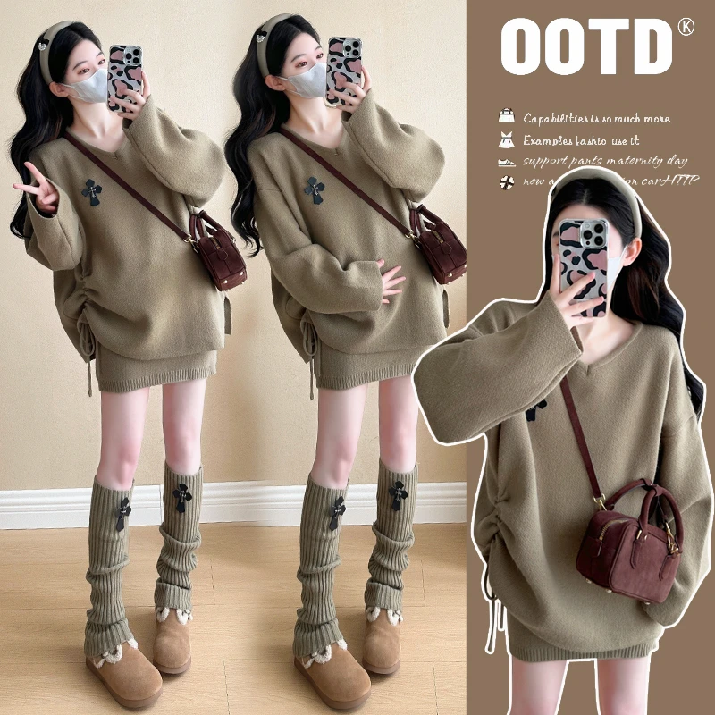 今年流行孕妇装秋冬季新款针织宽松毛衣冬季半身裙辣妈套装潮妈