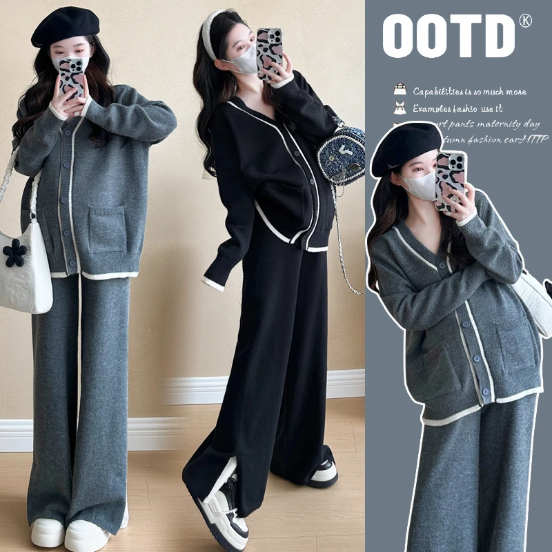 洋气时髦孕妈V领开扣针织毛衣秋冬慵懒温柔风气质时尚宽松套装潮