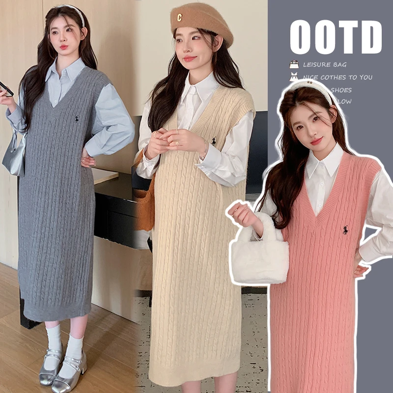 时髦孕妇秋装2024新款气质长袖衬衫春秋季宽松显瘦针织背心连衣裙