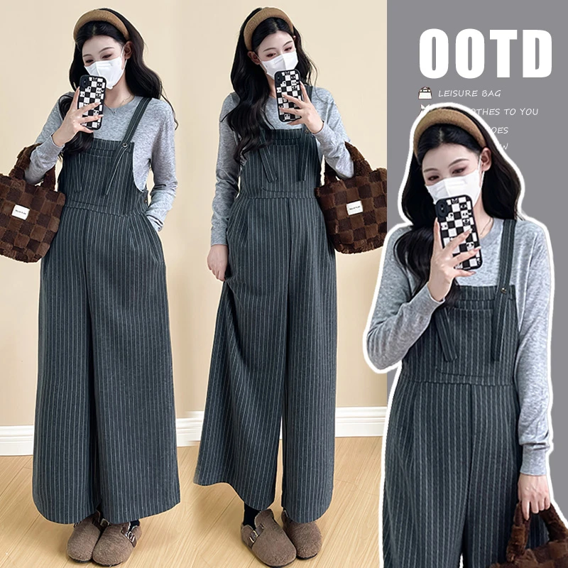 洋气减龄孕妇装秋冬新款高级感休闲显瘦条纹毛呢阔腿裤内搭打底衫