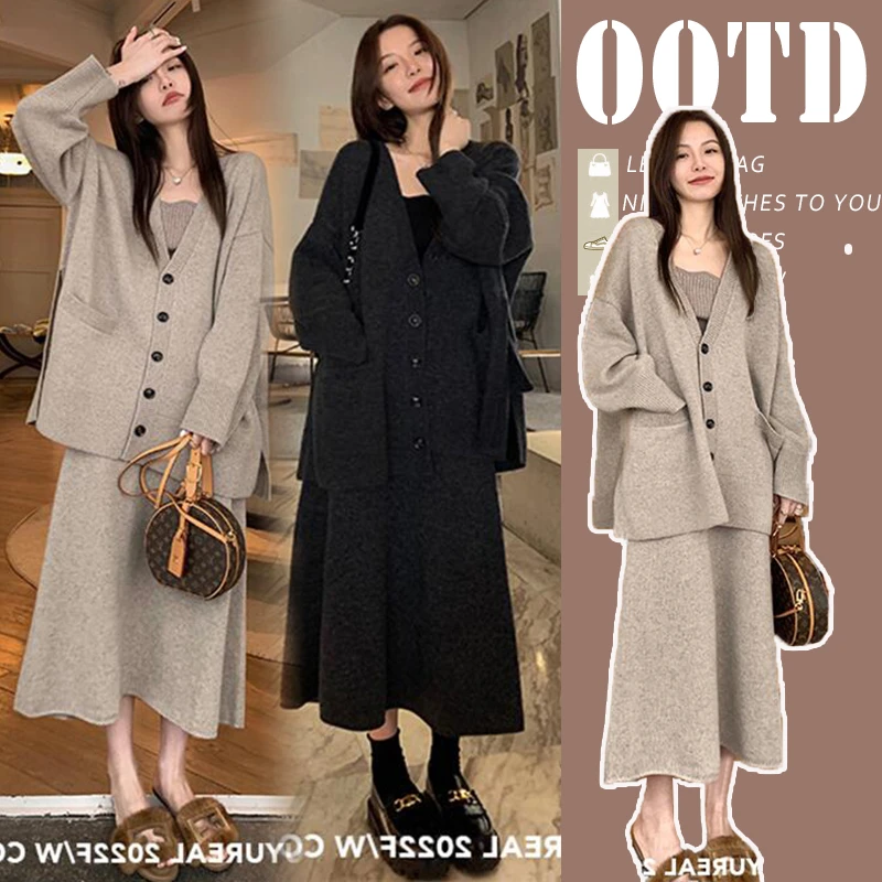 时髦孕妇套装秋装2024新款针织毛衣外套秋冬洋气半身裙两件套潮妈