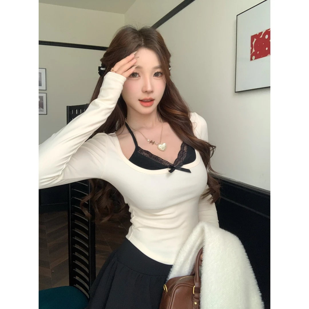 Ke可可少女 纯欲风椰蓉蕾丝拼接上衣秋冬打底衫修身掐腰蝴蝶结V领
