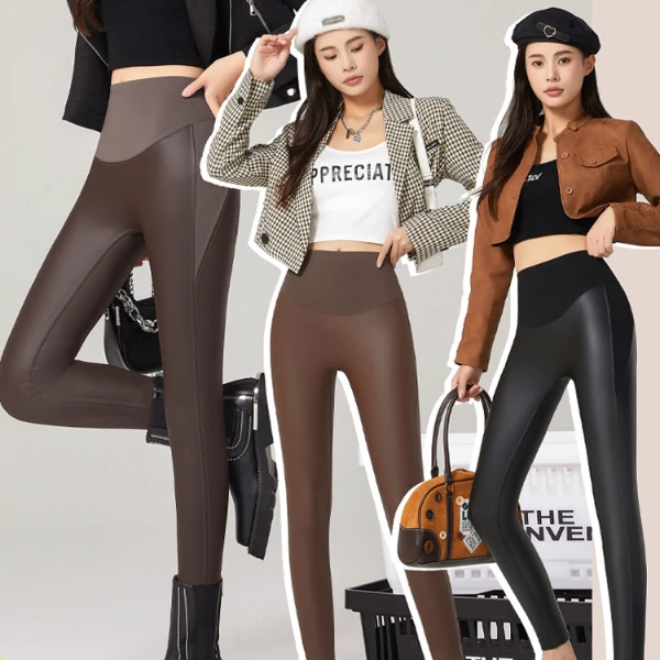 机车皮裤高腰靴裤女弹力收腹裤提臀加绒打底鲨鱼裤外穿秋冬PU皮裤