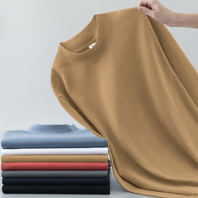 240g重磅纯棉t恤男士长袖内搭打底衫半高领秋衣小衫中领全棉体恤