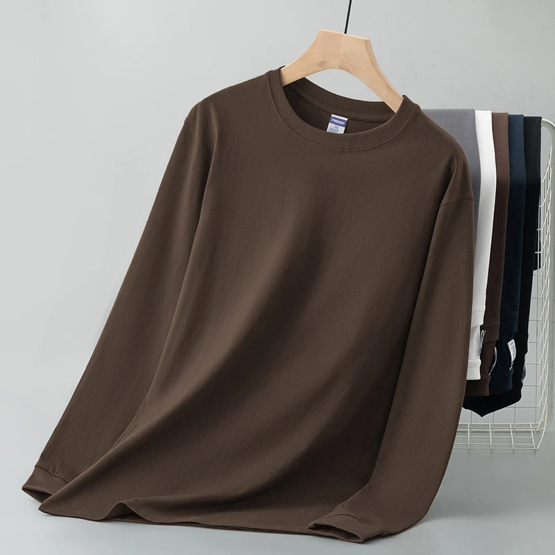 260g美式重磅纯棉t恤男长袖潮流秋冬内搭纯色打底衫宽松全棉秋衣