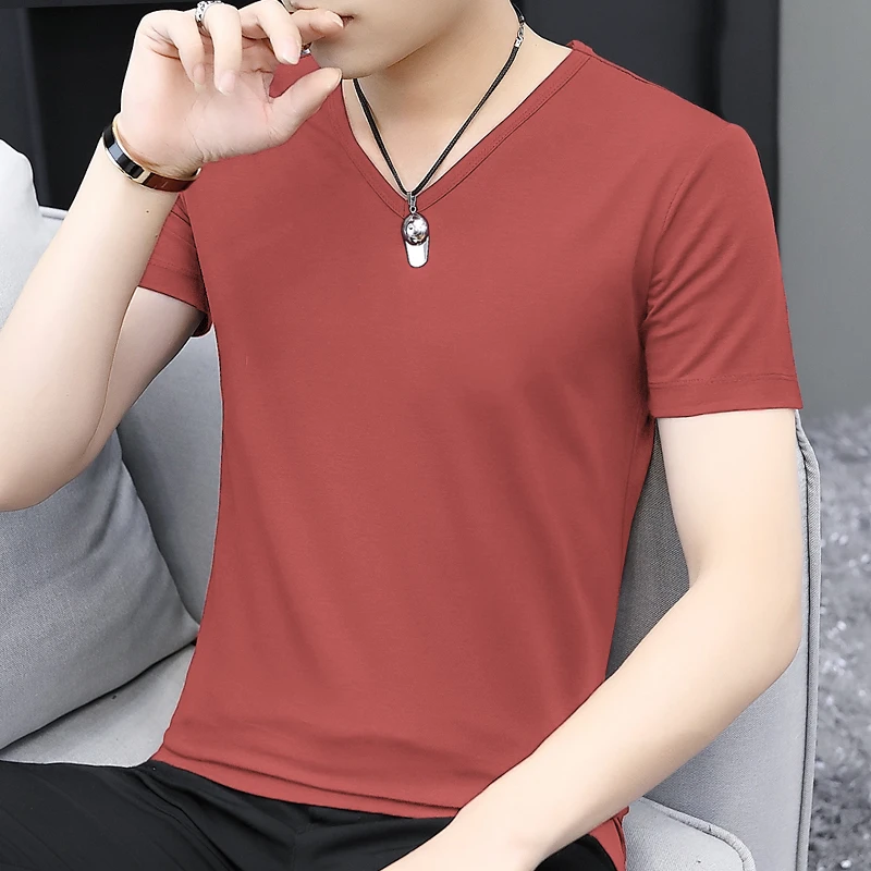 莫代尔纤维冰丝t恤男短袖2025新款V领纯色上衣服半袖速干凉感体恤