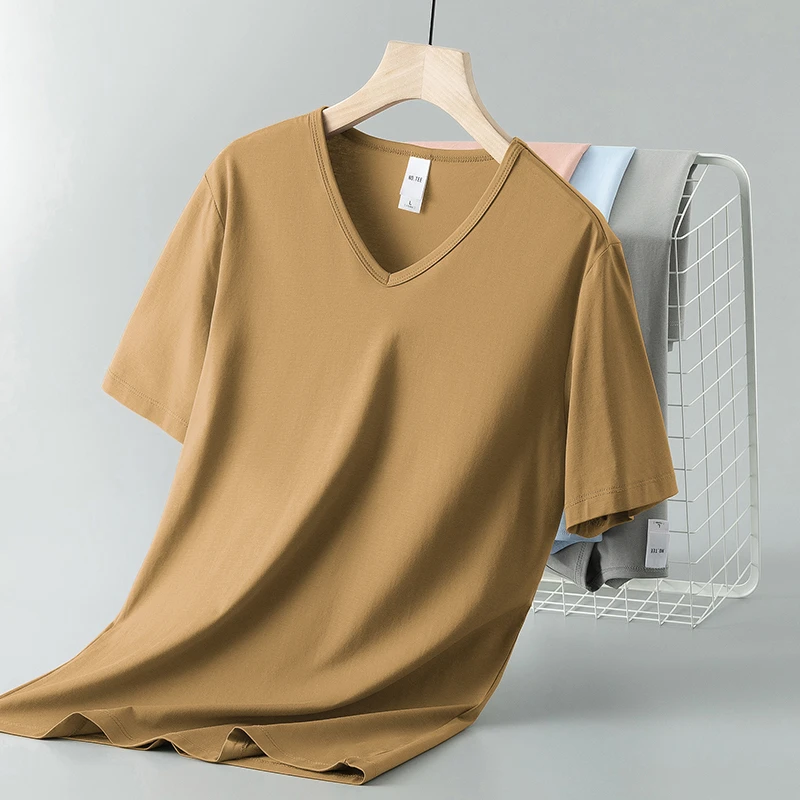 莫代尔纤维短袖t恤男V领纯色上衣服夏季冰丝速干凉感半袖体恤简约