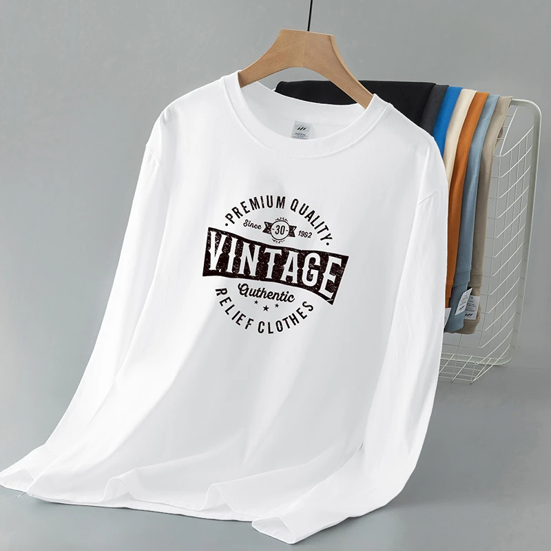 重磅长袖t恤男士纯棉2024新款白色上衣服潮流印花全棉内搭打底衫