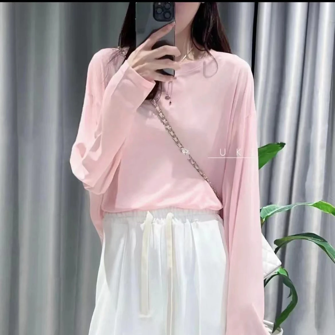 901#长袖防晒衣夏季百搭减龄糖果色宽松圆领衬衣冰丝甜美套头