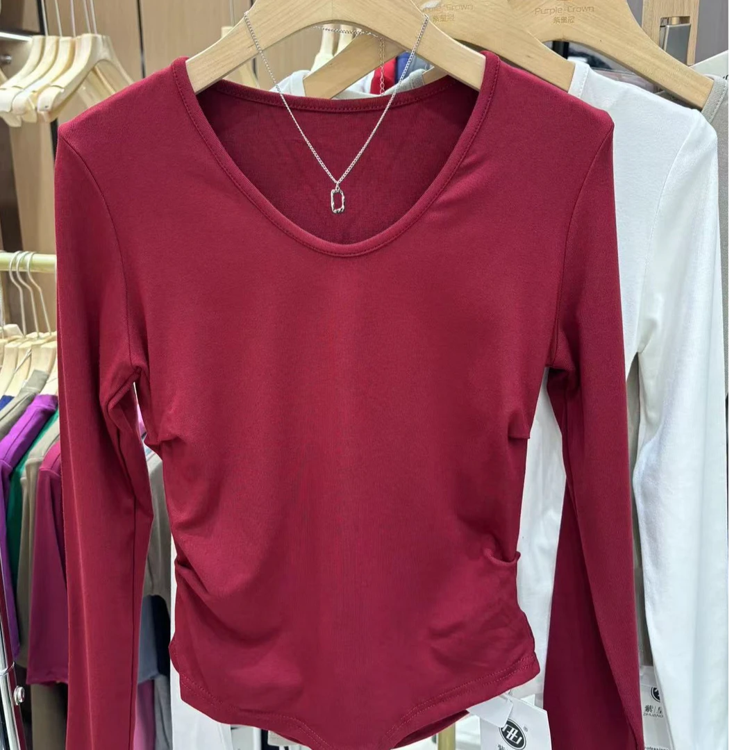 紫皇冠18387早秋新款V领时尚百搭显瘦收腰打底衫女上衣