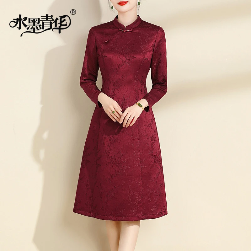 水墨青华春装新品百搭A字裙显瘦提花红色新中式50高贵轻奢连衣裙