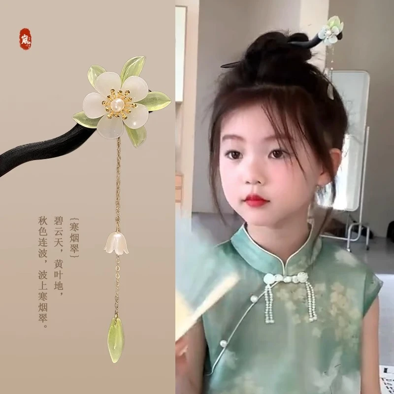 超仙花朵流苏发钗超仙旗袍汉服头饰女童气质复古古风张木簪子发饰