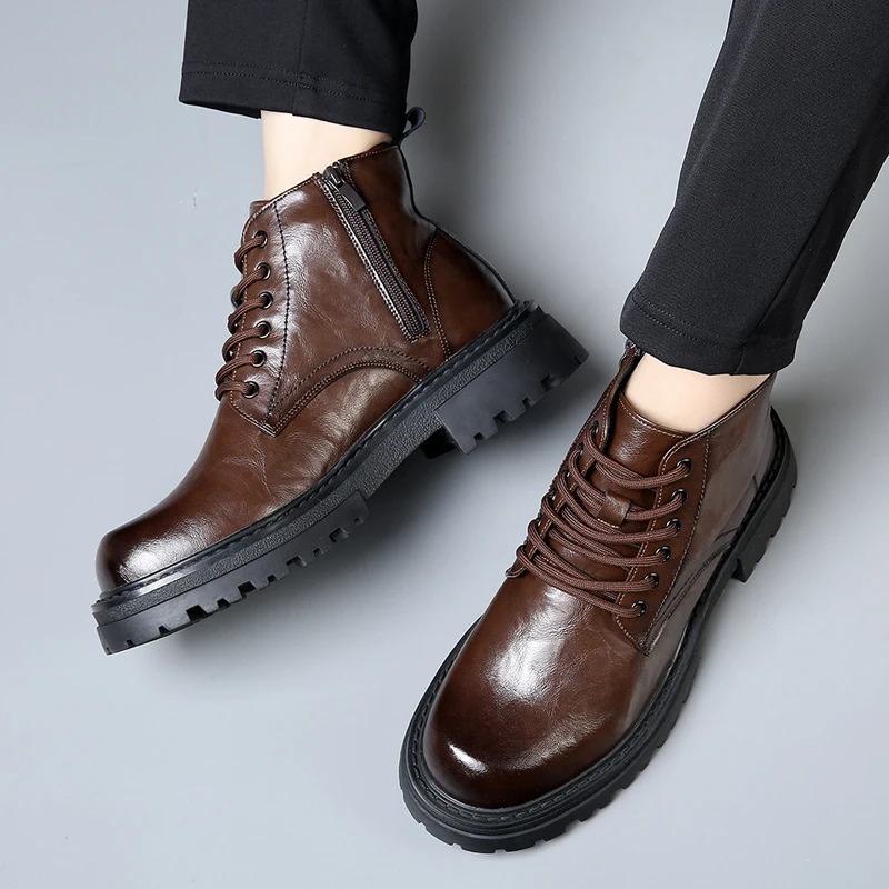 92376马丁靴男冬季保暖高帮真皮商务皮鞋中帮加绒短靴休闲厚底靴
