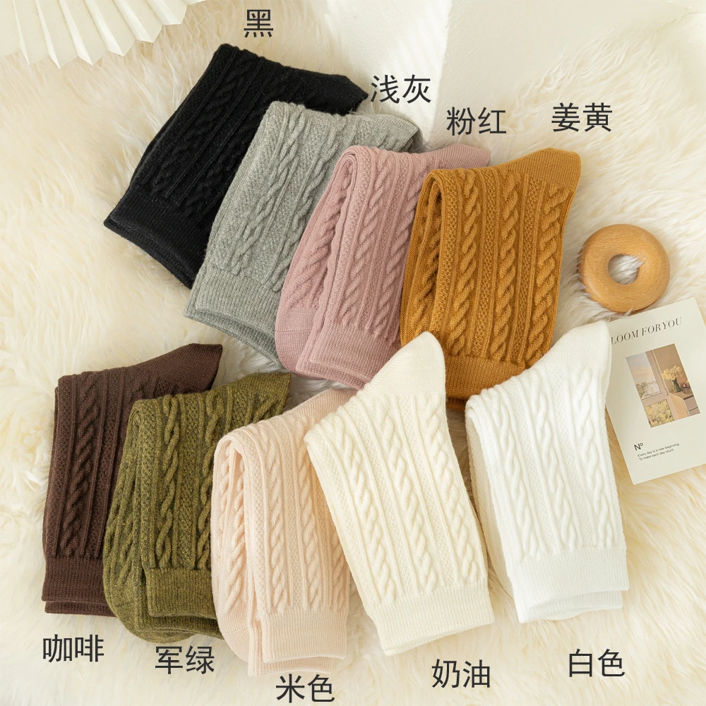 春秋jk袜子春夏女简约ins麻花袜保暖中筒女袜日系糖果色棉袜堆袜