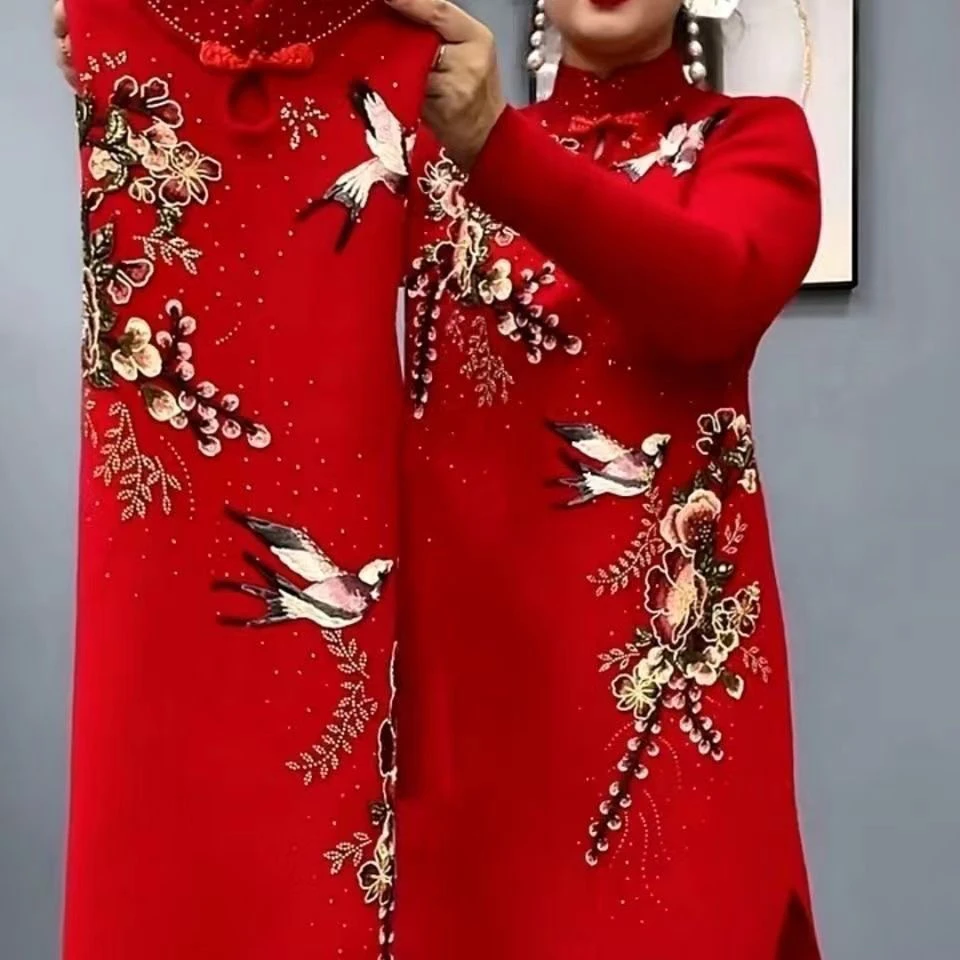 高档旗袍衫大码妈妈装连衣裙修身显瘦旗袍裙秋冬网红爆款连衣裙