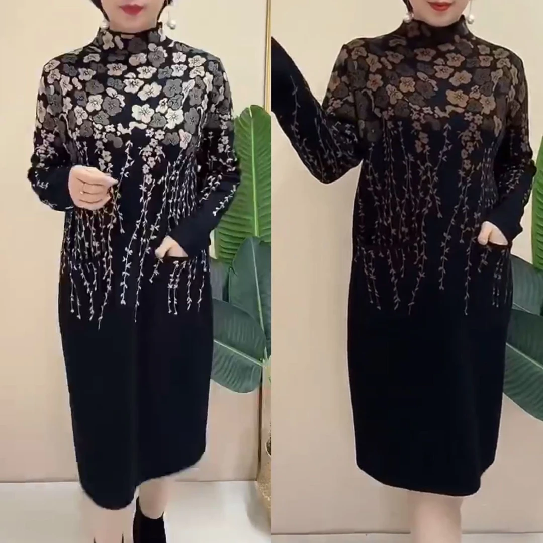 秋冬新款加厚弹力针织连衣裙遮肉显瘦气质网红同款半高领碎花加肥