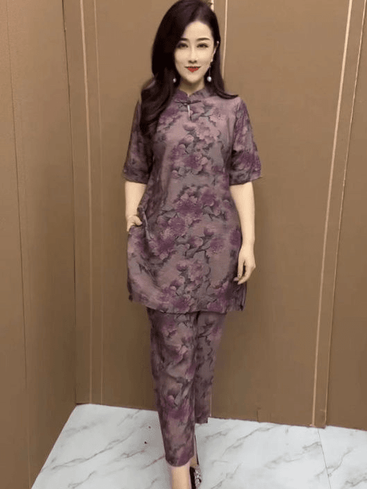 夏季休闲套装女中长款开叉盘扣上衣松紧腰九分裤时尚国风两件套女