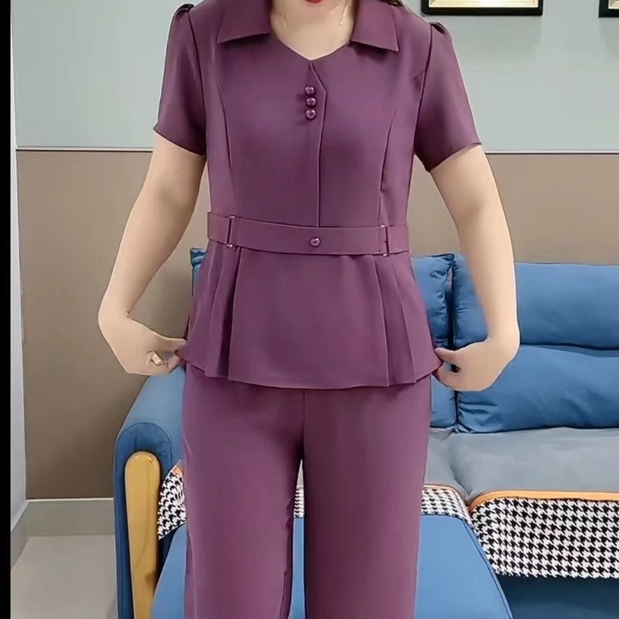 新款冰丝夏装妈妈套装纯色洋气减龄时尚上衣女短袖套装