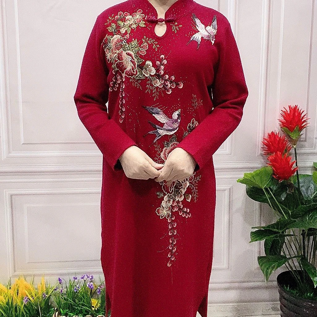 高档大码妈妈连衣裙修身显瘦旗袍裙秋冬小鸟网红爆款连衣裙