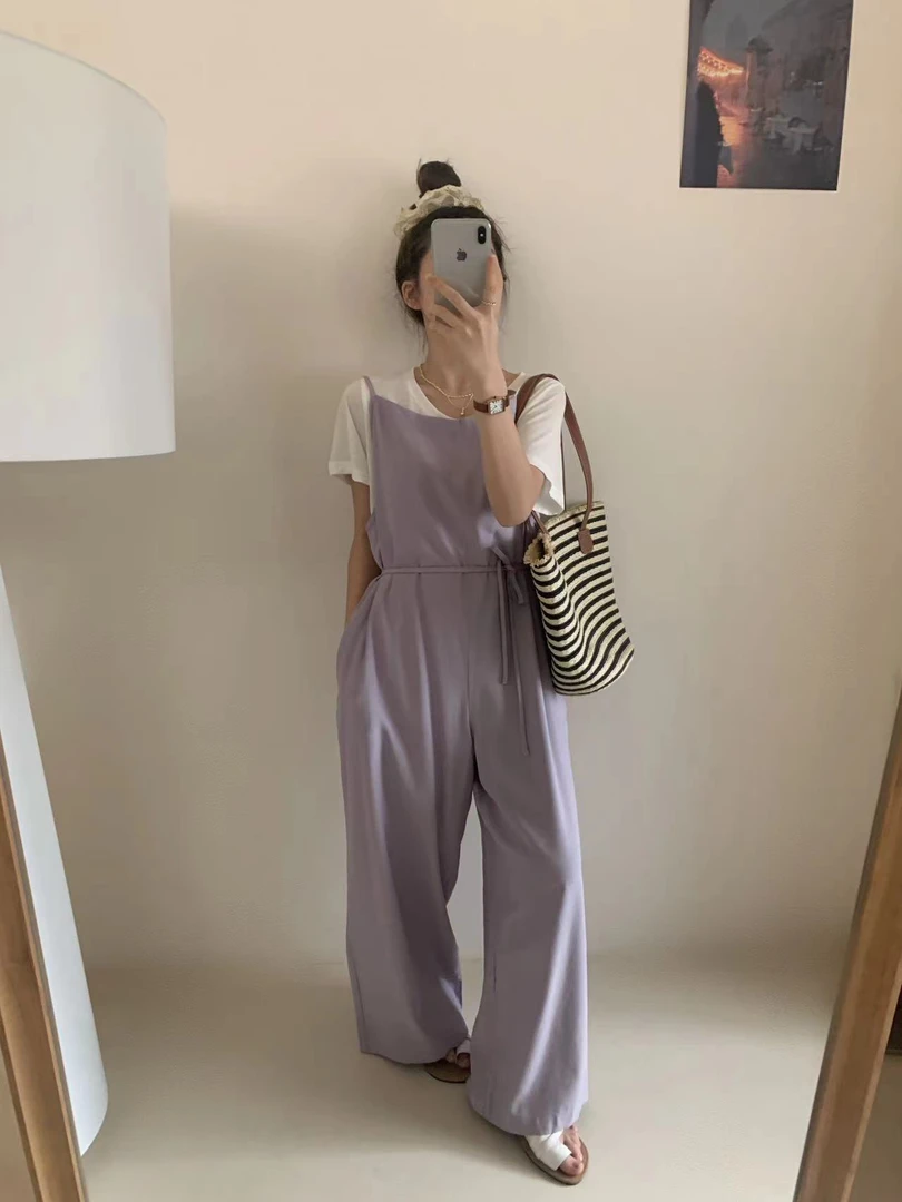 05282 夏季薄款宽松百搭系带收腰肩带可调节休闲连体裤