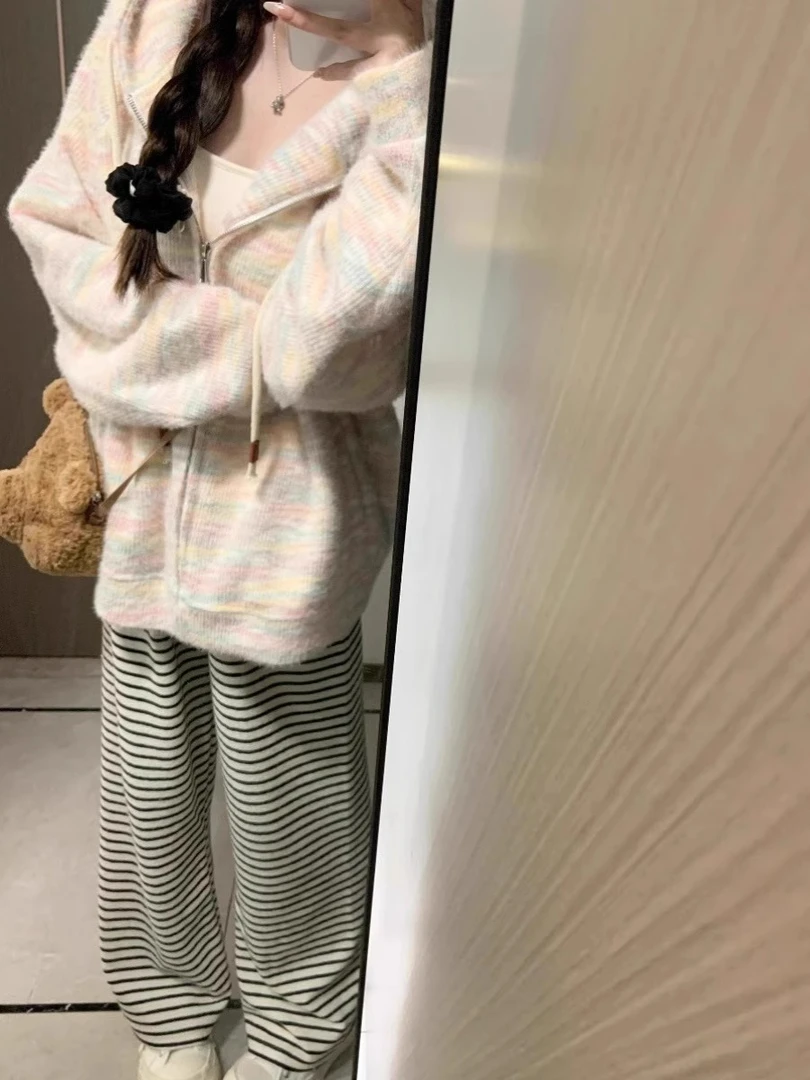 慵懒风甜美彩色连帽针织开衫毛衣女秋季新款宽松软糯洋气百搭上衣