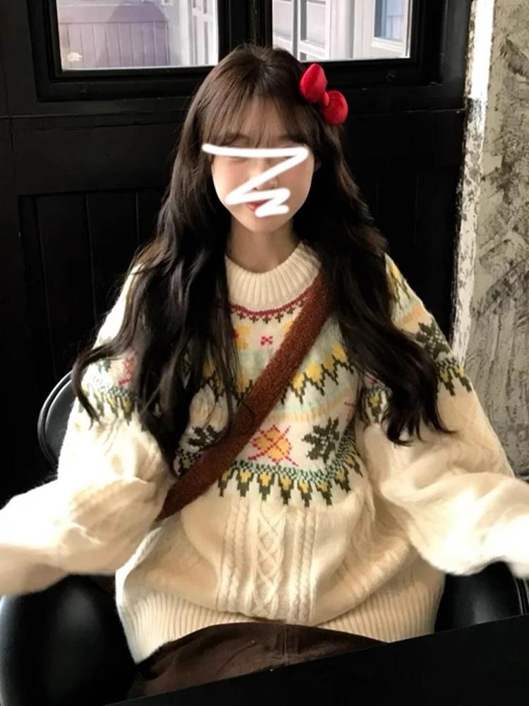 费尔岛圆领套头毛衣女秋冬2024新款慵懒风高级感加厚宽松针织上衣