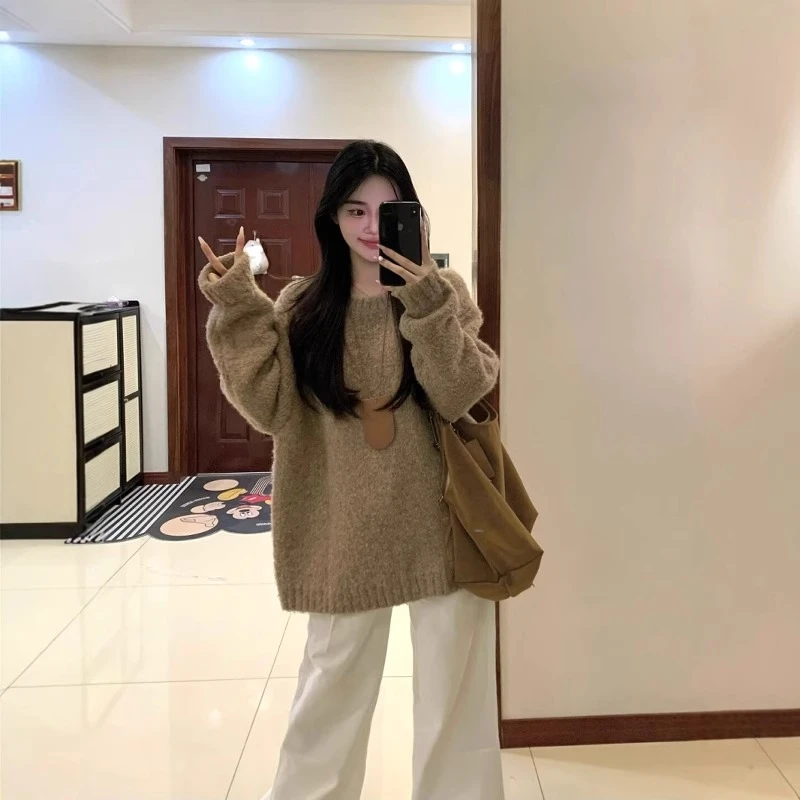 慵懒风高级感重磅软糯韩系加厚咖色套头毛衣女秋冬宽松针织衫上衣