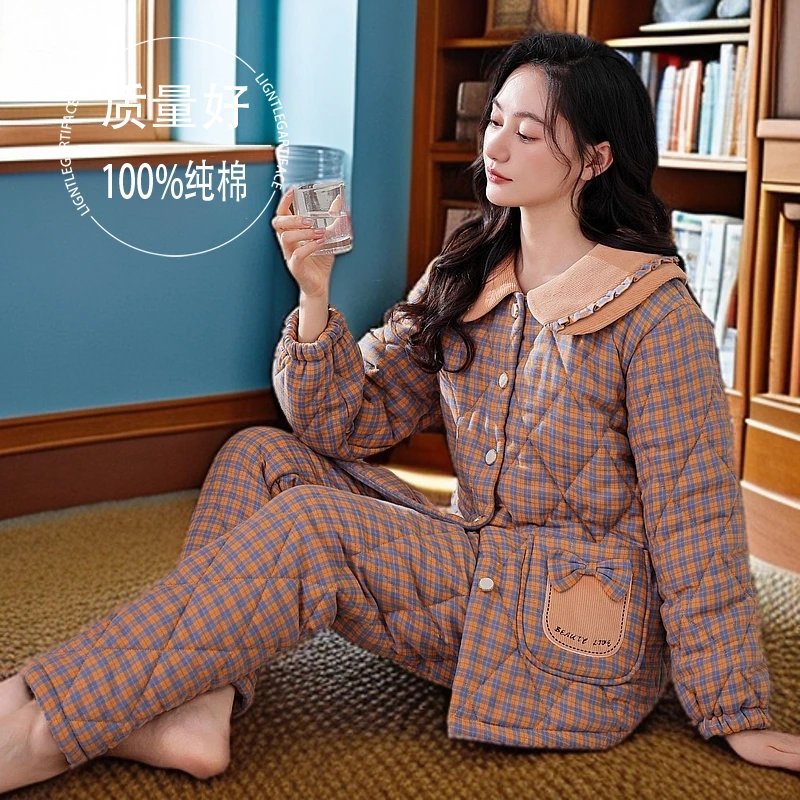 冬季爆款梭织夹棉100%纯棉三层加绒加厚里层珊瑚绒保暖格子家居服